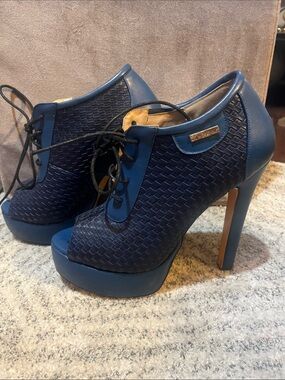 Blue Woven Lace-Up Platform Heels